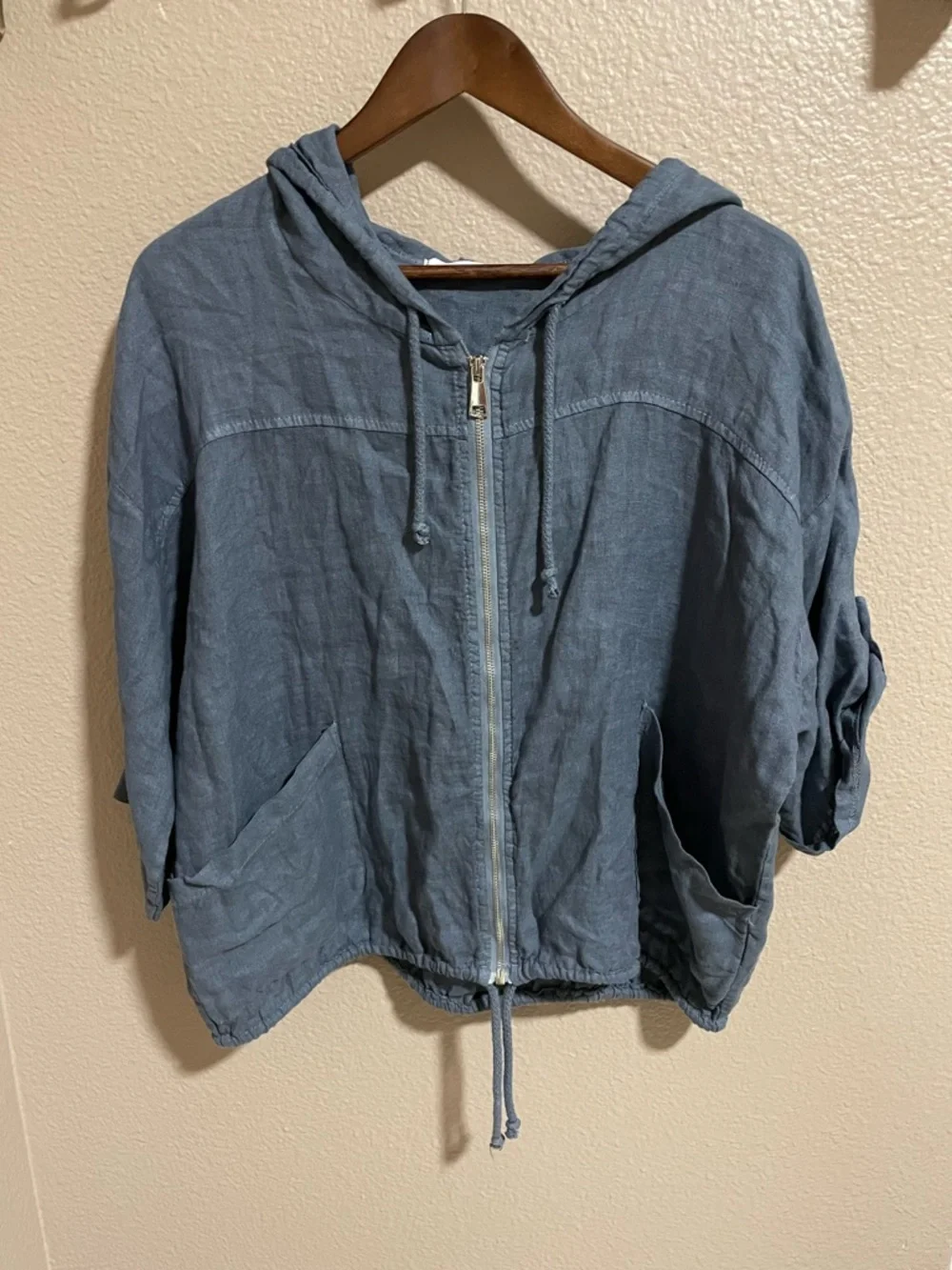 Made in Italy linen Lightweight Blue Hooded Zip-Front Women's Jacket